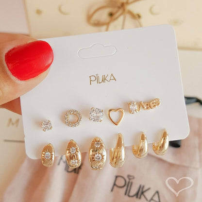 Trio de Brincos Argolinhas Cacá Estrelas Zircônias Folheado a Ouro 18k