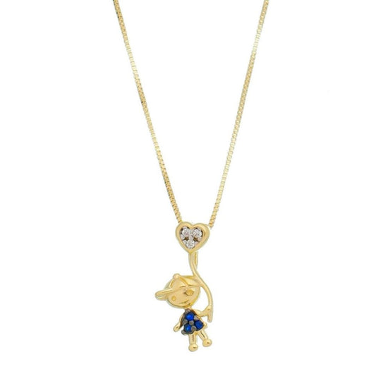 Colar Mãe de Menino Boné Coração Zircônias Safira Folheado a Ouro 18k