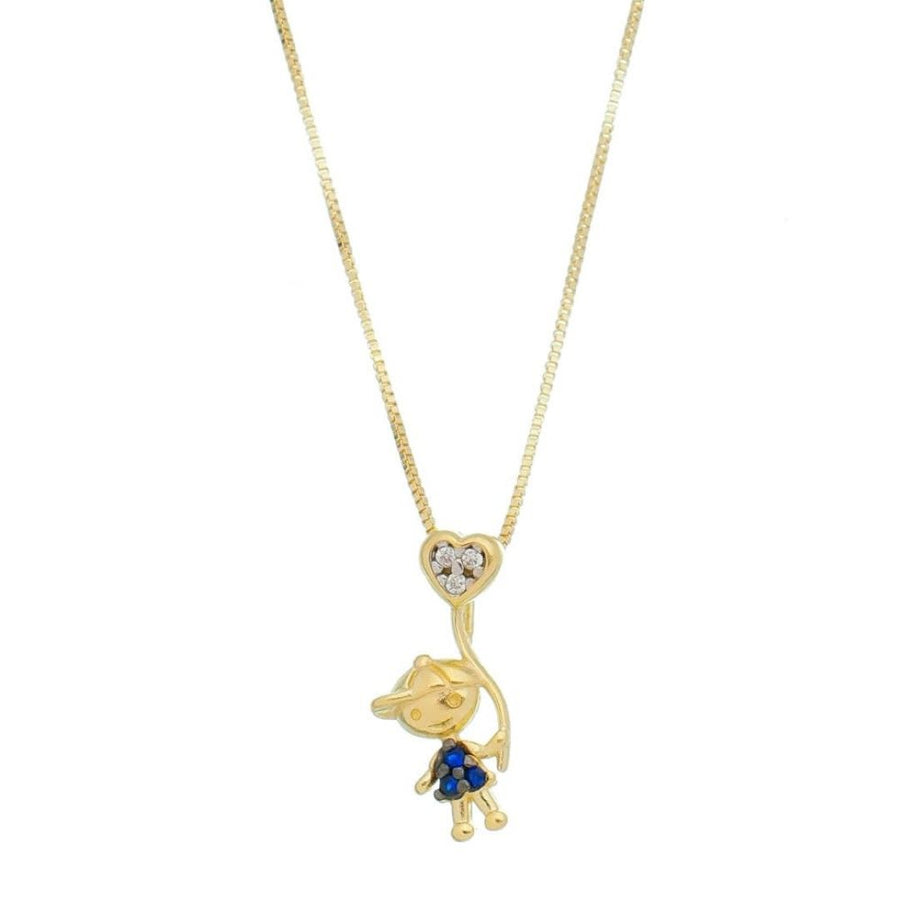Colar Mãe de Menino Boné Coração Zircônias Safira Folheado a Ouro 18k