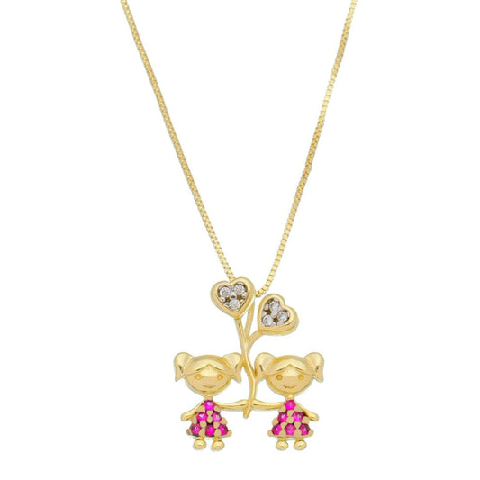 Colar Mãe de Meninas Coração Zircônias Pink Folheado a Ouro 18k