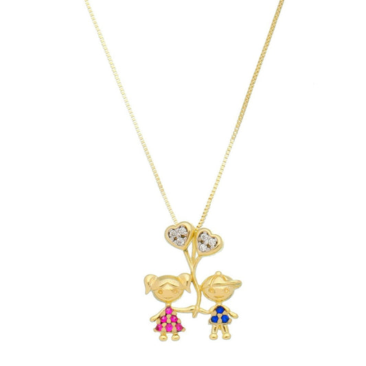 Colar Menino e Menina Coração Zircônias Pink e Safira Folheado a Ouro 18k