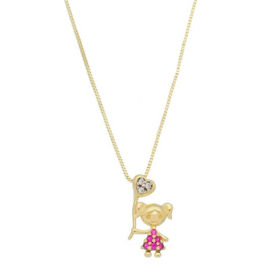 Colar Mãe de Menina Coração Zircônias Pink Folheado a Ouro 18k