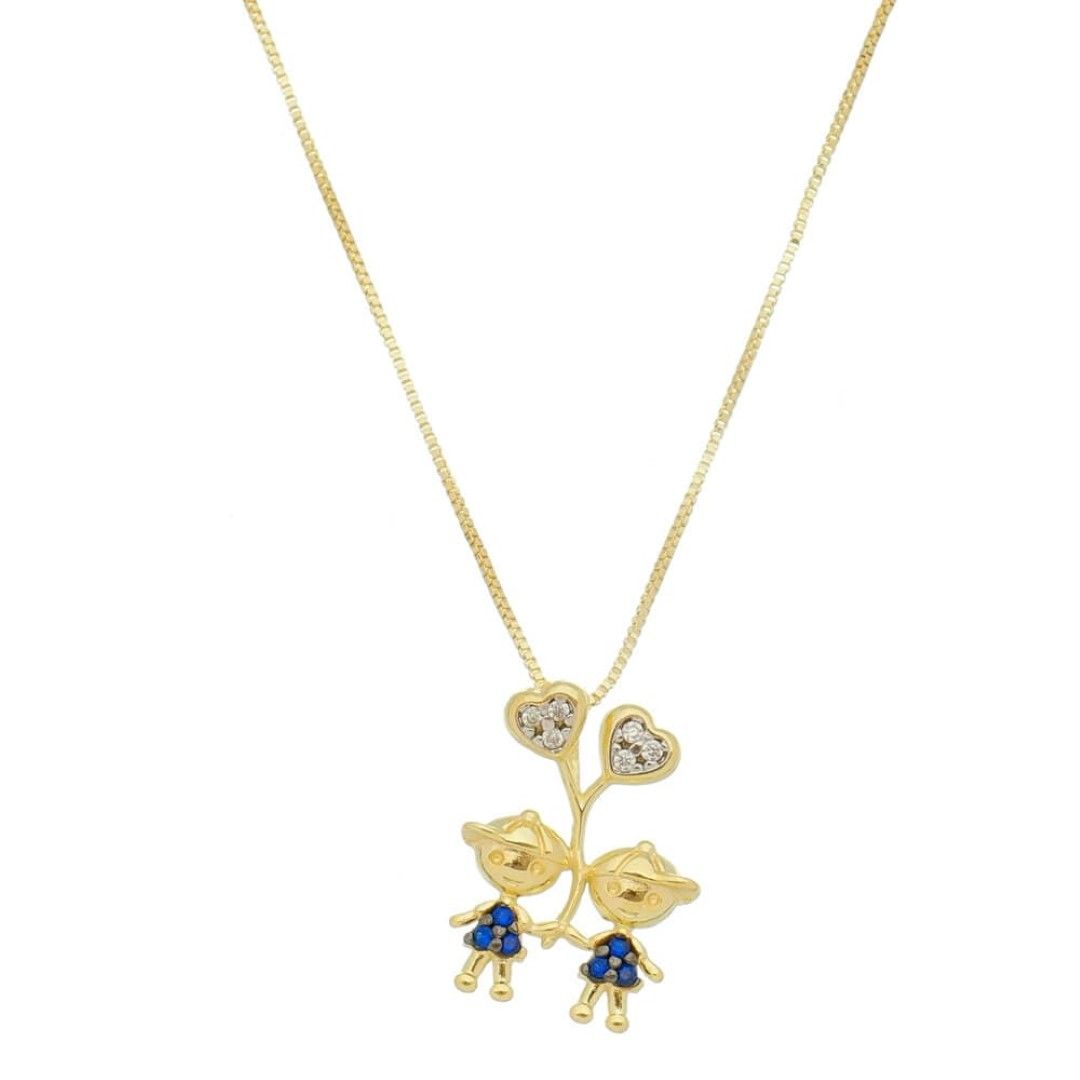 Colar Mãe de Meninos Coração Zircônias Safira Folheado a Ouro 18k