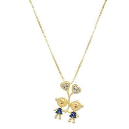 Colar Mãe de Meninos Coração Zircônias Safira Folheado a Ouro 18k