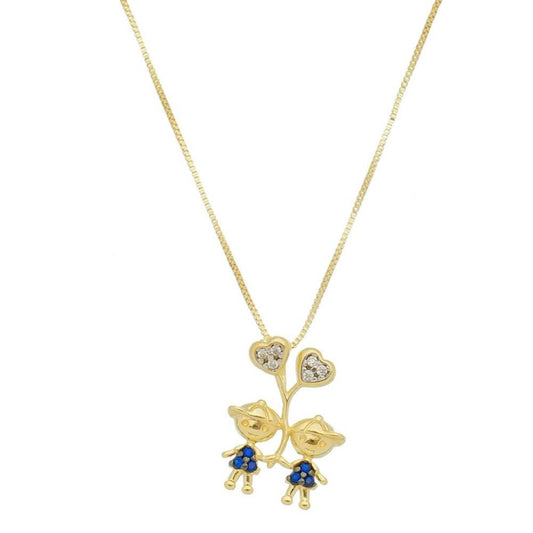 Colar Mãe de Meninos Coração Zircônias Safira Folheado a Ouro 18k