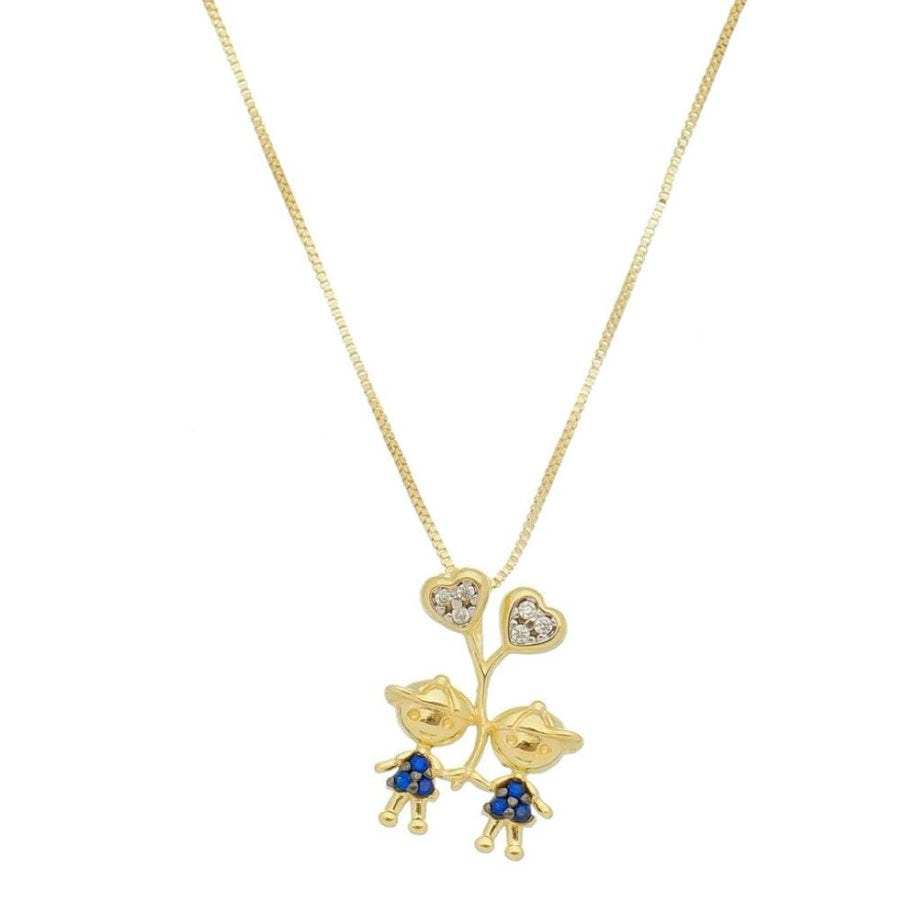 Colar Mãe de Meninos Coração Zircônias Safira Folheado a Ouro 18k