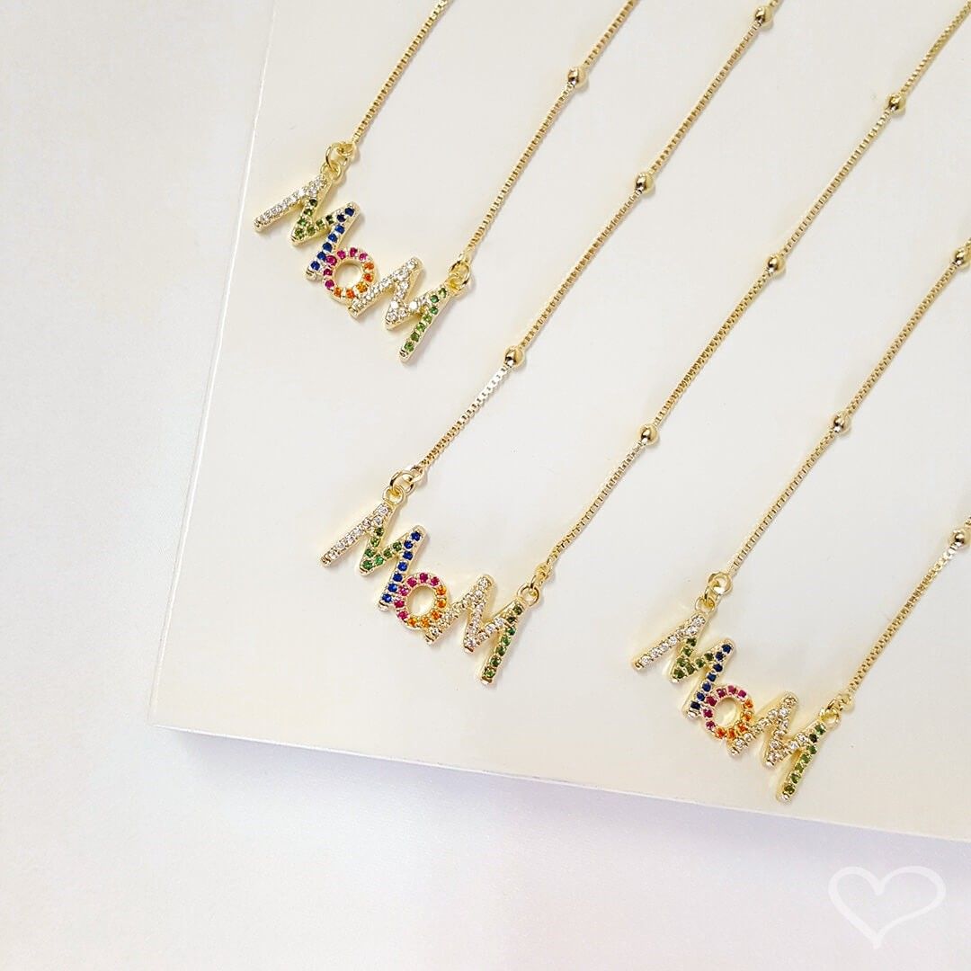 Colar Feminino Mom Zircônias Coloridas Folheado a Ouro 18k