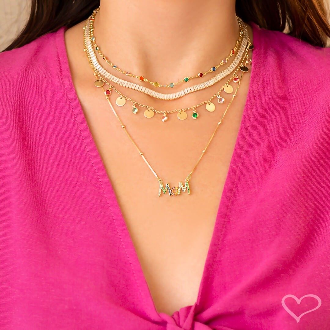 Colar Feminino Mom Zircônias Coloridas Folheado a Ouro 18k