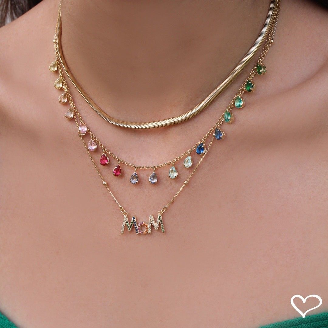 Colar Feminino Mom Zircônias Coloridas Folheado a Ouro 18k