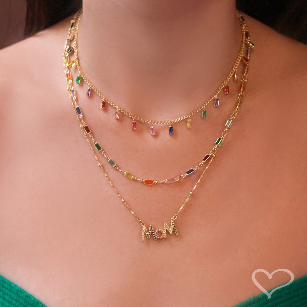 Colar Feminino Mom Zircônias Coloridas Folheado a Ouro 18k