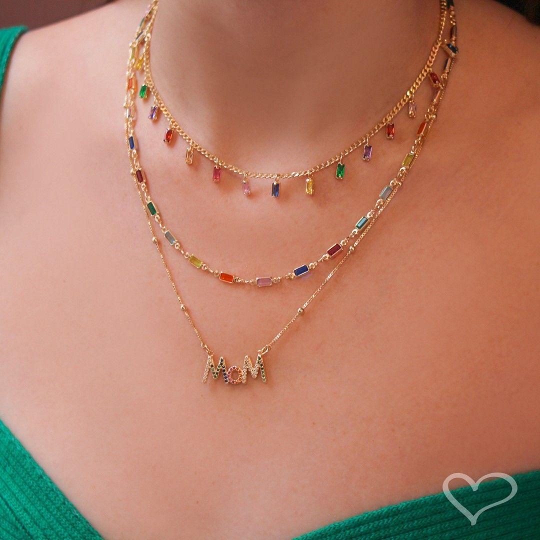 Colar Feminino Mom Zircônias Coloridas Folheado a Ouro 18k