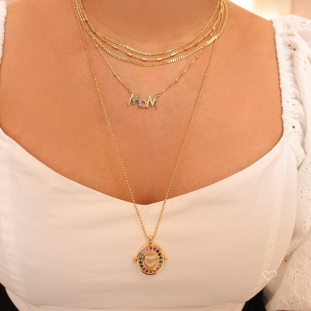 Colar Feminino Mom Zircônias Coloridas Folheado a Ouro 18k