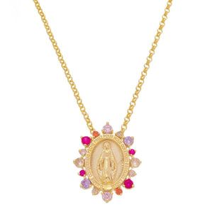 Colar Nossa Senhora das Graças Medalha Milagrosa Zircônias Coloridas Folheado a Ouro 18k