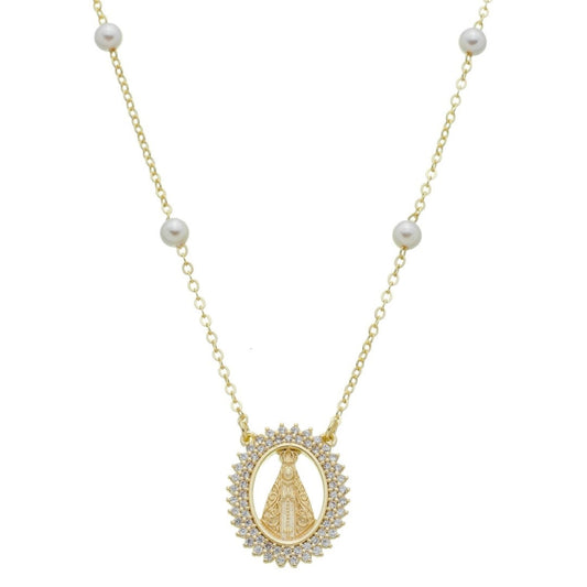 Colar Piuka Medalha Nossa Senhora Aparecida Zircônias e Pérolas Folheado a Ouro 18k
