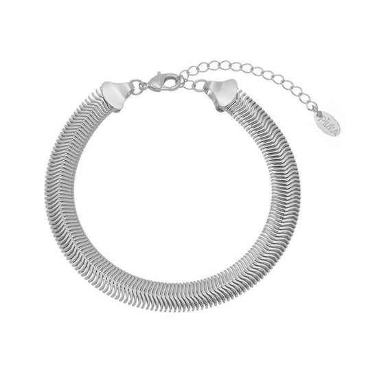 Pulseira Feminina Fernanda Malha Metal Larga Folheada em Ródio Branco