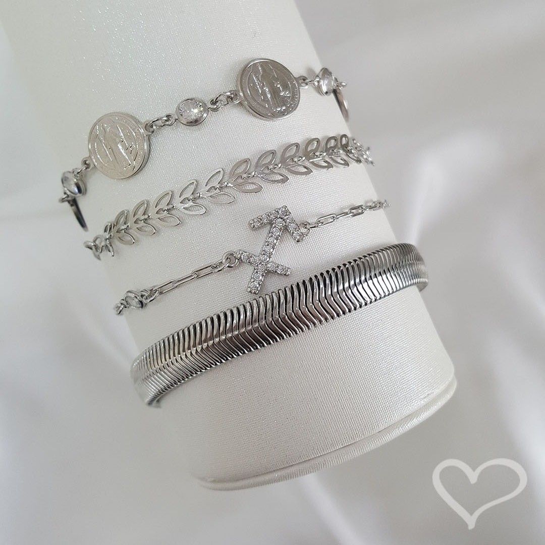Pulseira Feminina Fernanda Malha Metal Larga Folheada em Ródio Branco