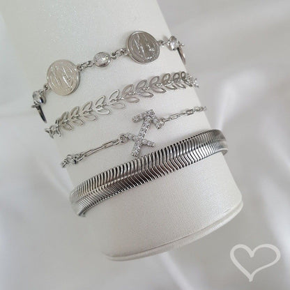 Pulseira Feminina Fernanda Malha Metal Larga Folheada em Ródio Branco
