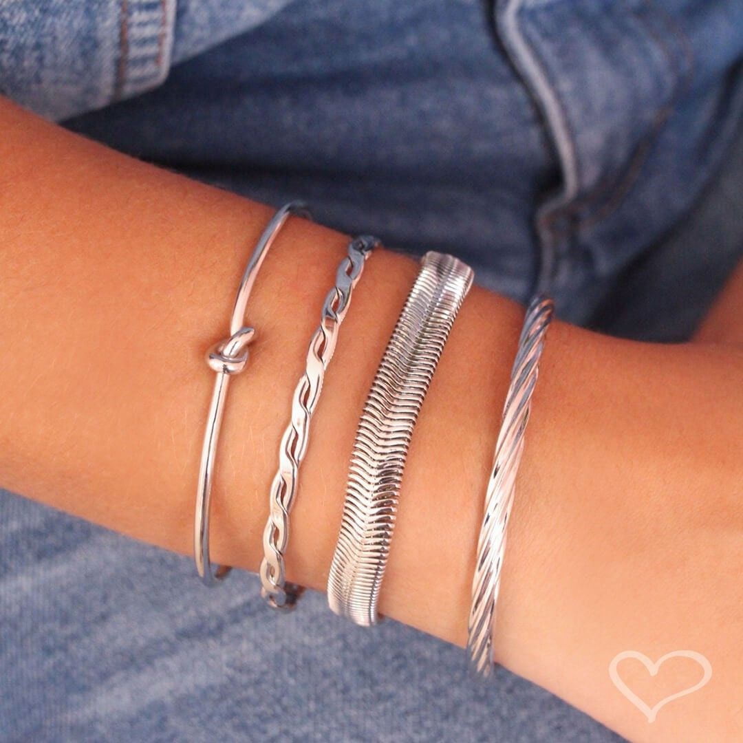 Pulseira Feminina Fernanda Malha Metal Larga Folheada em Ródio Branco