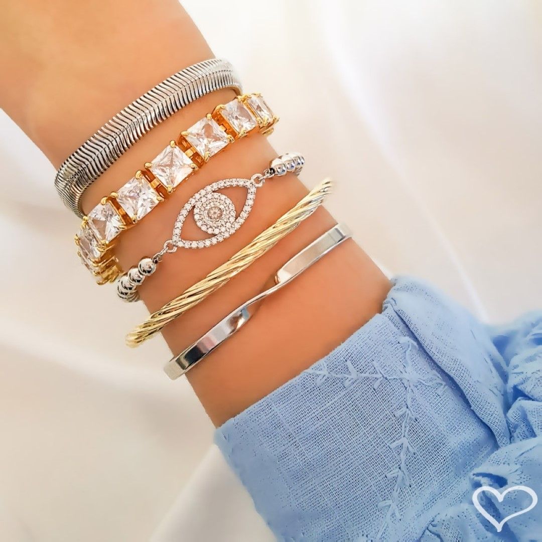 Pulseira Feminina Fernanda Malha Metal Larga Folheada em Ródio Branco