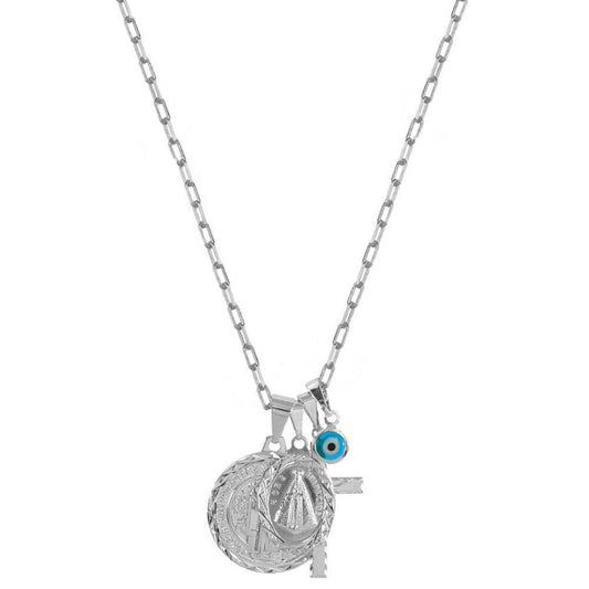 Colar Longo Medalha Martha Amuletos Folheado em Rodio Branco