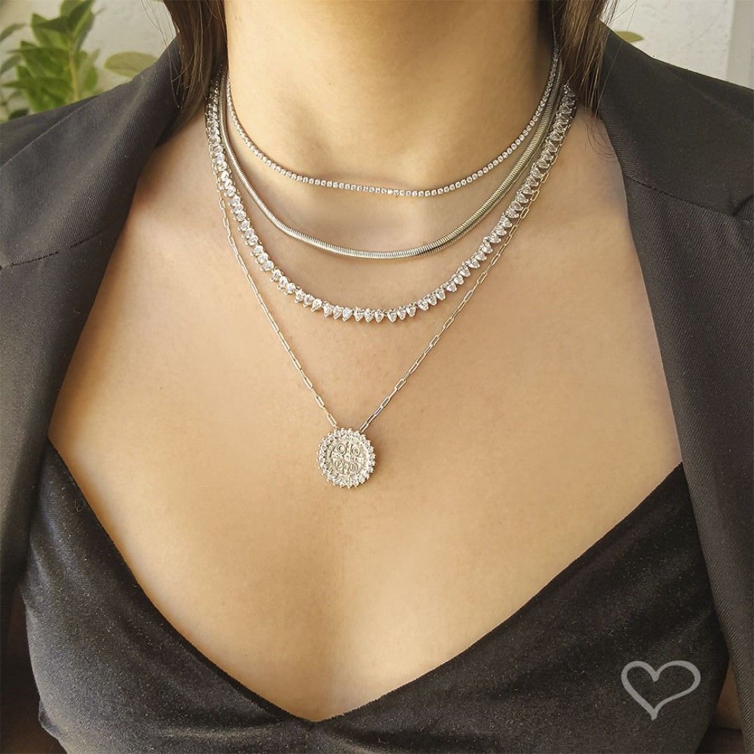 Choker Malha Metal Fina  Folheado em Ródio Branco Fernanda