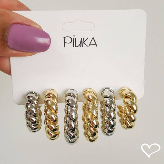 Brinco de Argola Tubo Torcido Camila M Folheado em Ródio Branco