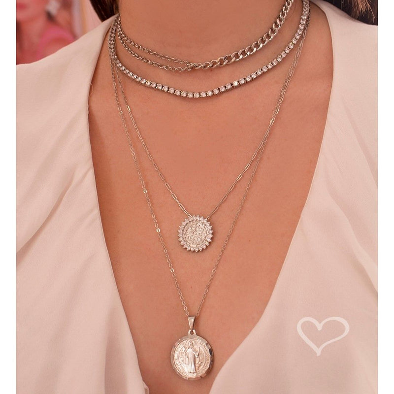 Colar São Bento Medalha Folheada em Ródio Branco