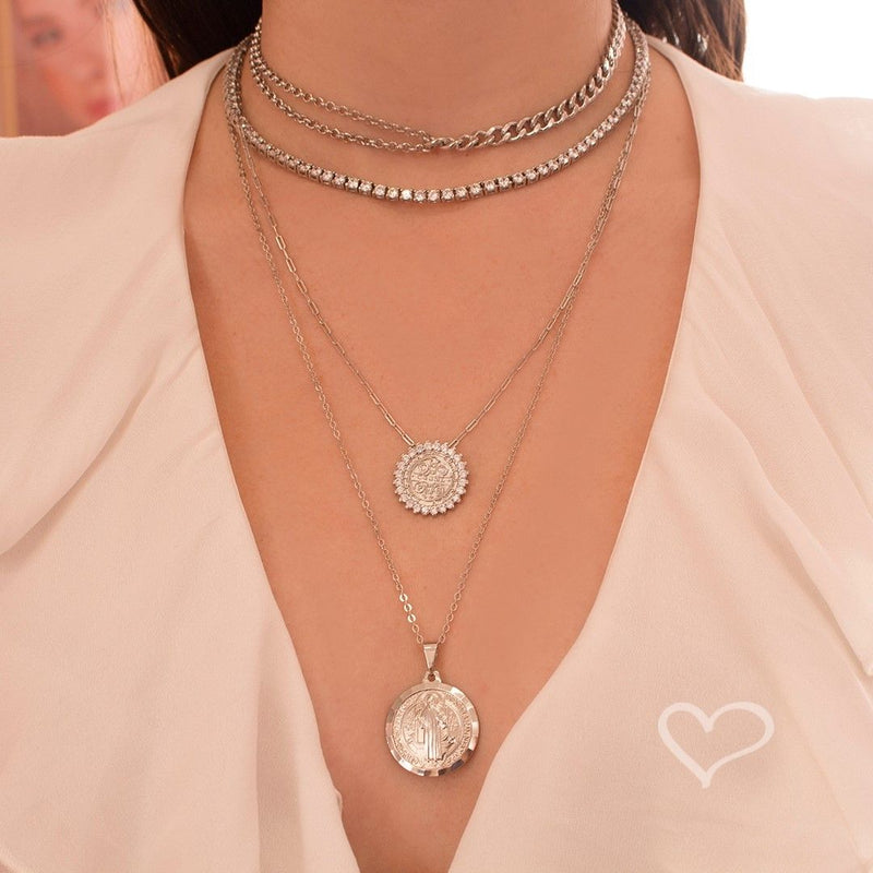 Colar São Bento Medalha Folheada em Ródio Branco