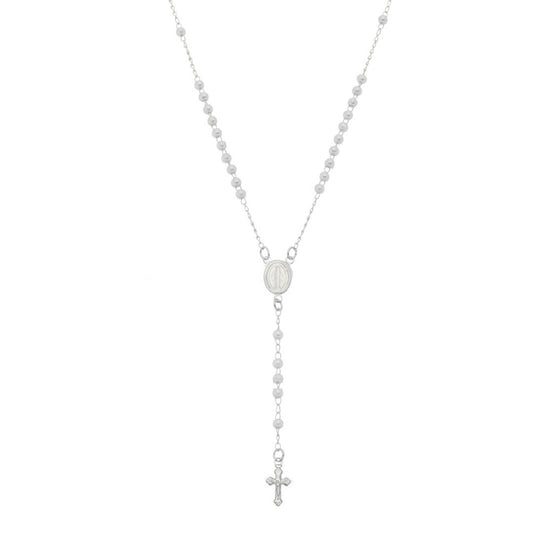 Colar Terço Maria Mini Perólas Folheado em Ródio Branco
