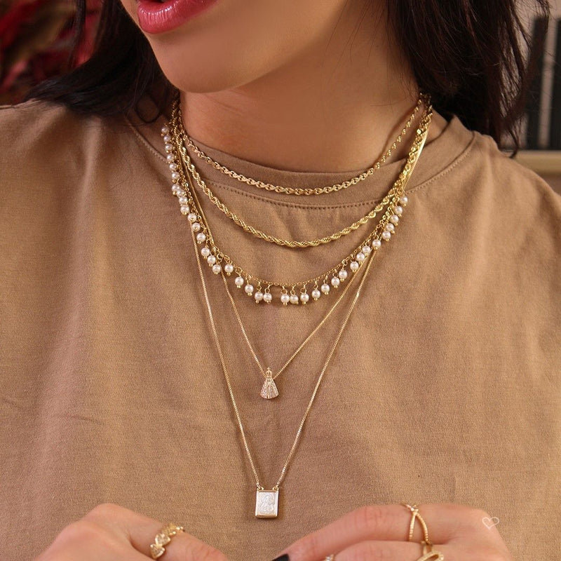 Escapulário Piuka Sagrado Coração de Jesus e Nossa Senhora do Carmo Madrepérola Folheado a Ouro 18k