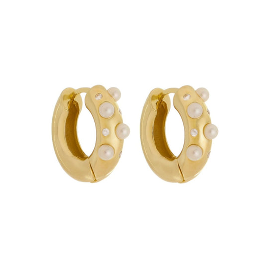 Brinco de Argola Nila Tubo Pérolas e Zircônias Folheado a Ouro 18k