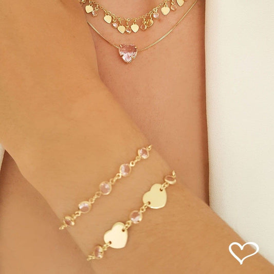 Pulseira Piuka Ajustável Ajude Hcc 2 Corações Metal Zircônias Rosa Folheada a Ouro 18k