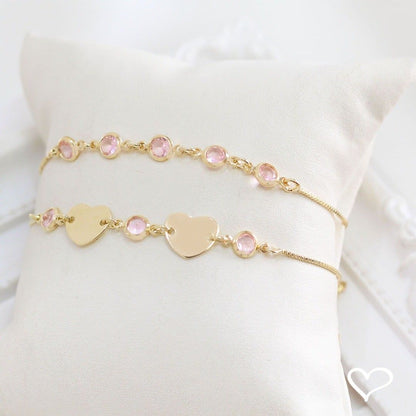 Pulseira Piuka Ajustável Ajude Hcc 2 Corações Metal Zircônias Rosa Folheada a Ouro 18k