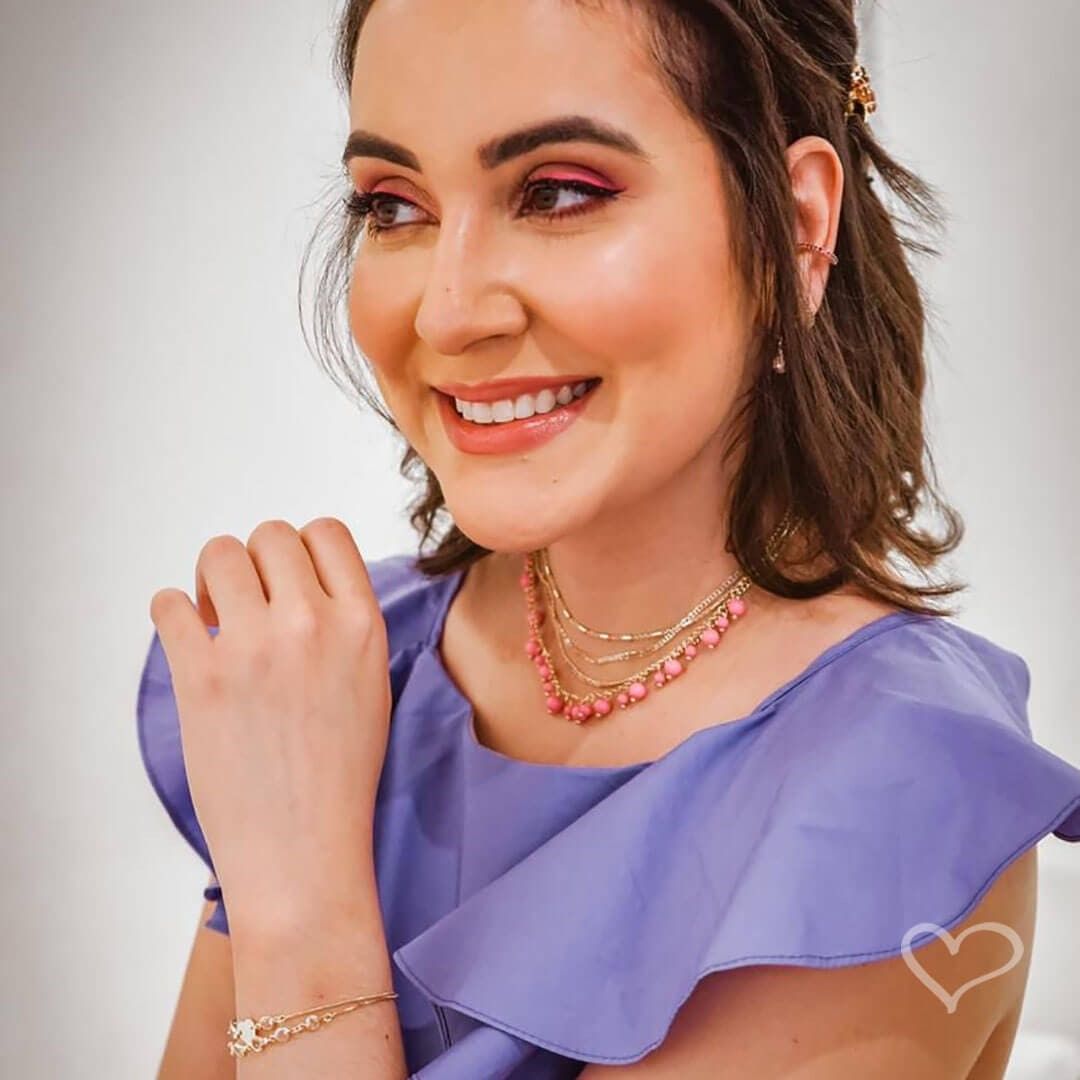 Pulseira Piuka Ajustável Ajude Hcc 2 Corações Metal Zircônias Rosa Folheada a Ouro 18k