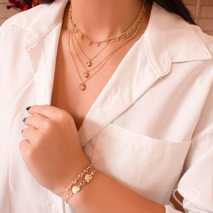 Pulseira Piuka Ajustável Ajude Hcc 2 Corações Metal Zircônias Rosa Folheada a Ouro 18k