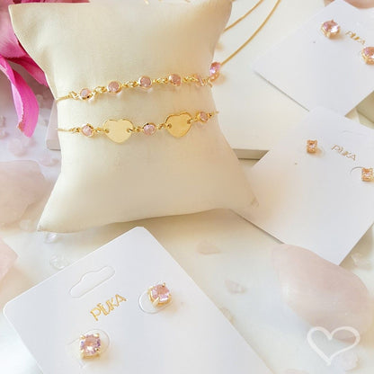Pulseira Piuka Ajustável Ajude Hcc 2 Corações Metal Zircônias Rosa Folheada a Ouro 18k