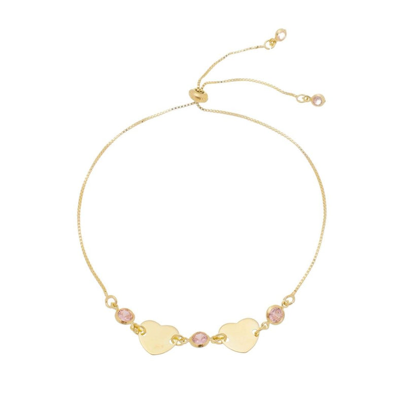 Pulseira Piuka Ajustável Ajude Hcc 2 Corações Metal Zircônias Rosa Folheada a Ouro 18k