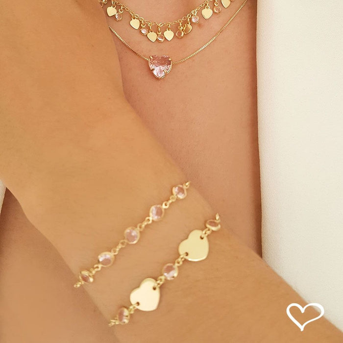 Pulseira Piuka Ajustável Ajude Hcc 2 Corações Metal Zircônias Rosa Folheada a Ouro 18k