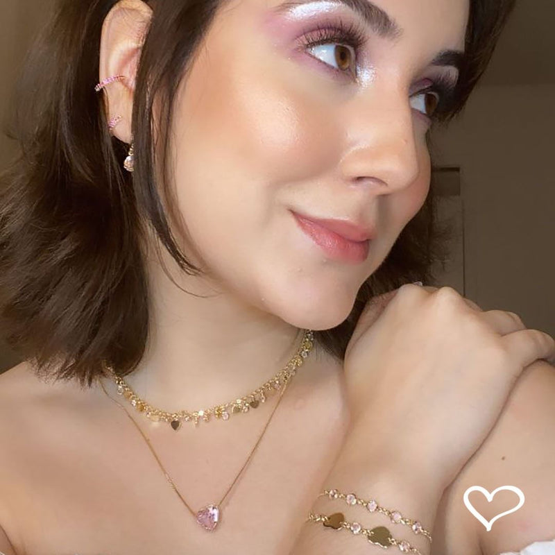Pulseira Piuka Ajustável Ajude Hcc 2 Corações Metal Zircônias Rosa Folheada a Ouro 18k