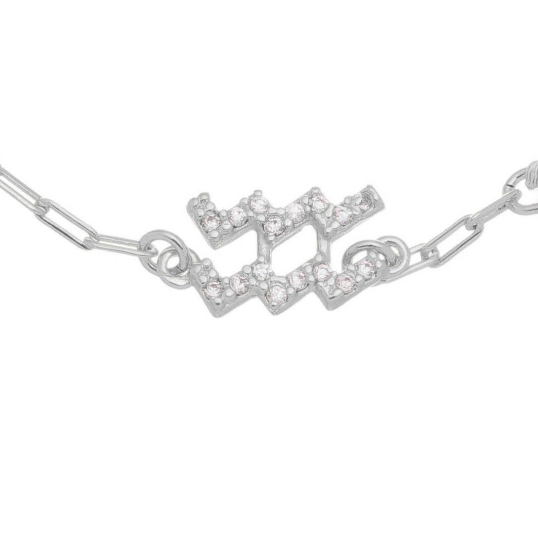 Pulseira Símbolo Signo Zircônias Folheada em Ródio Branco