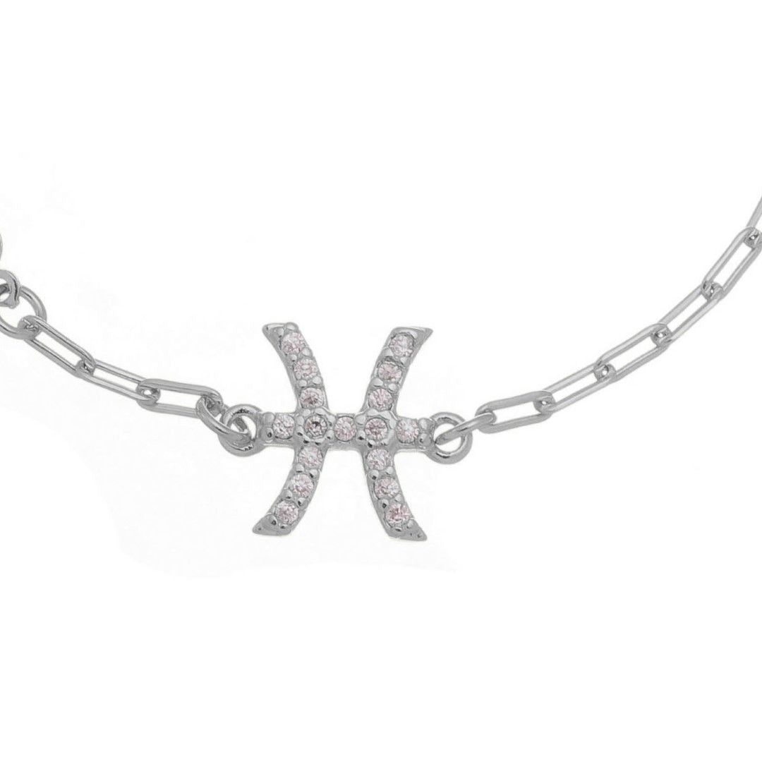 Pulseira Símbolo Signo Zircônias Folheada em Ródio Branco