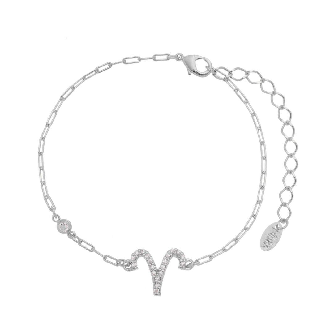 Pulseira Símbolo Signo Zircônias Folheada em Ródio Branco