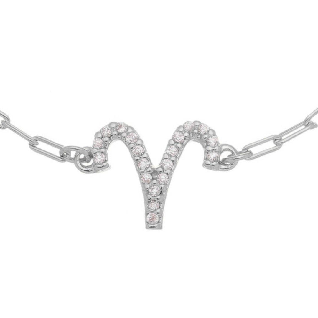 Pulseira Símbolo Signo Zircônias Folheada em Ródio Branco