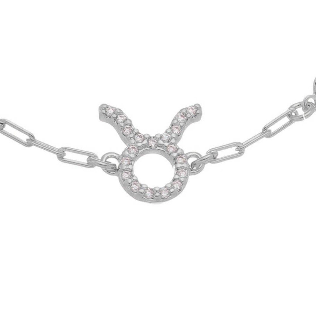 Pulseira Símbolo Signo Zircônias Folheada em Ródio Branco