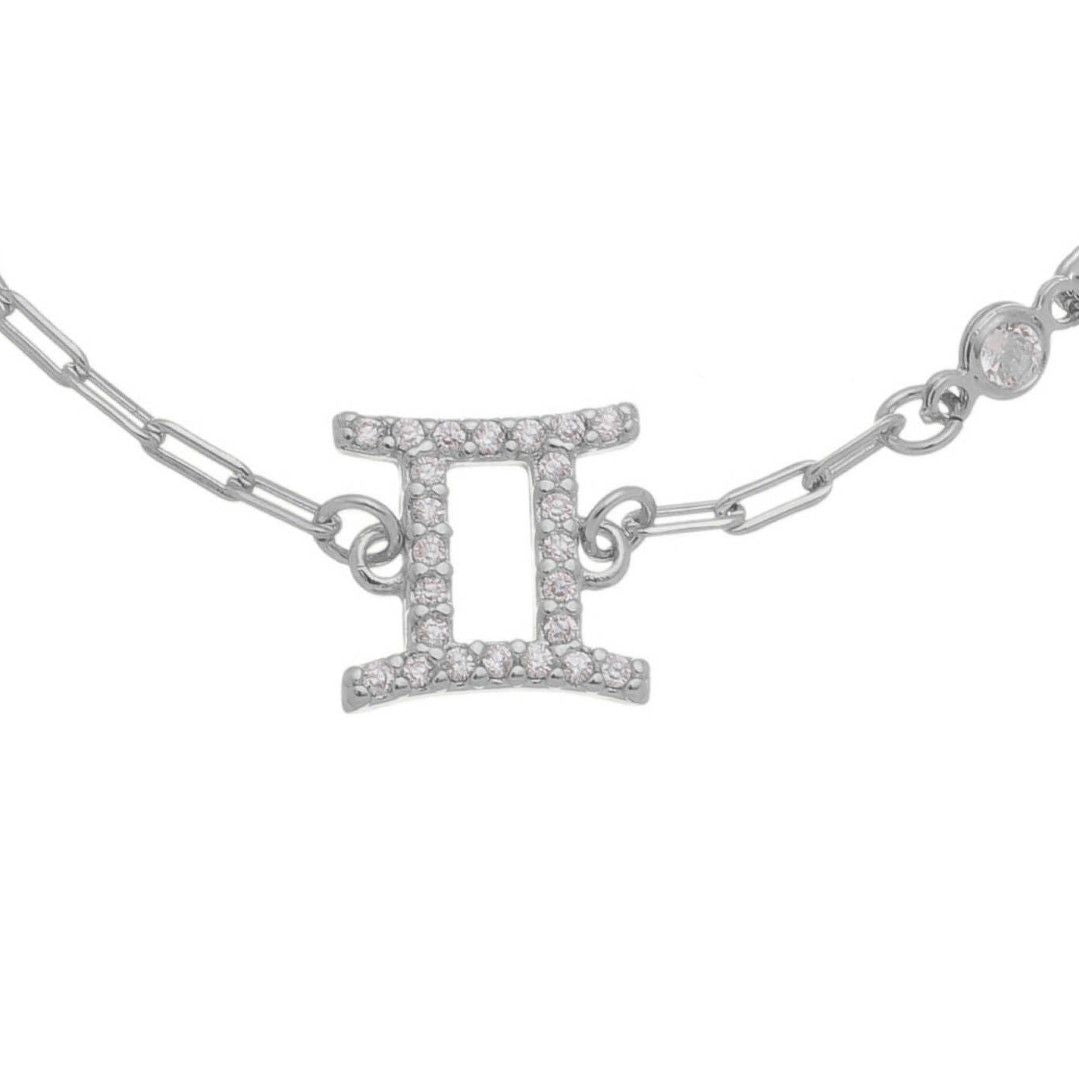 Pulseira Símbolo Signo Zircônias Folheada em Ródio Branco