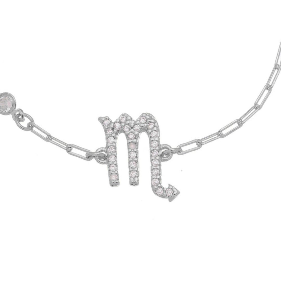 Pulseira Símbolo Signo Zircônias Folheada em Ródio Branco