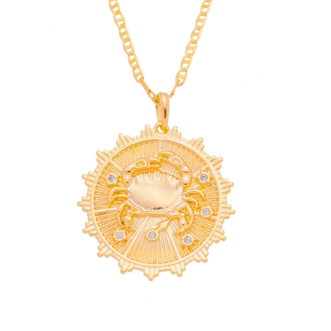 Colar de Signos Medalha Vintage Zircônias Folheado a Ouro 18k