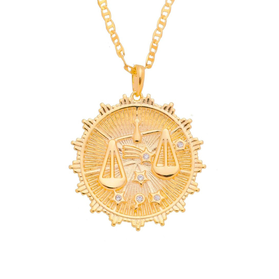 Colar de Signos Medalha Vintage Zircônias Folheado a Ouro 18k