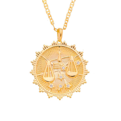 Colar de Signos Medalha Vintage Zircônias Folheado a Ouro 18k