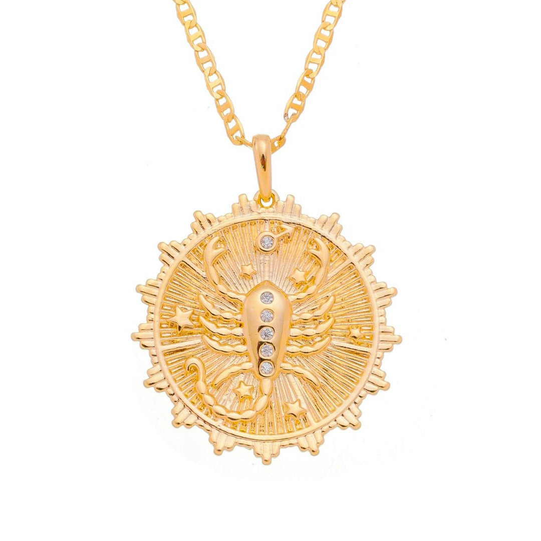 Colar de Signos Medalha Vintage Zircônias Folheado a Ouro 18k